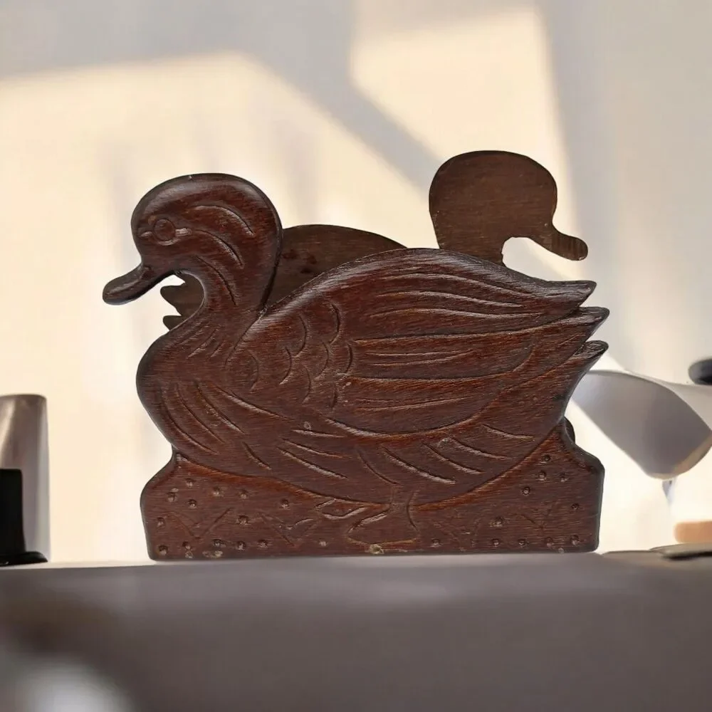 Vintage Wooden Duck Mallard Napkin Mail Holder Carved Office MCM